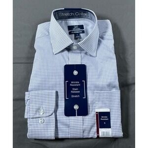George Men Classic Fit Dress Shirt Blue Check Wrinkle Resistant Stretch Collar S
